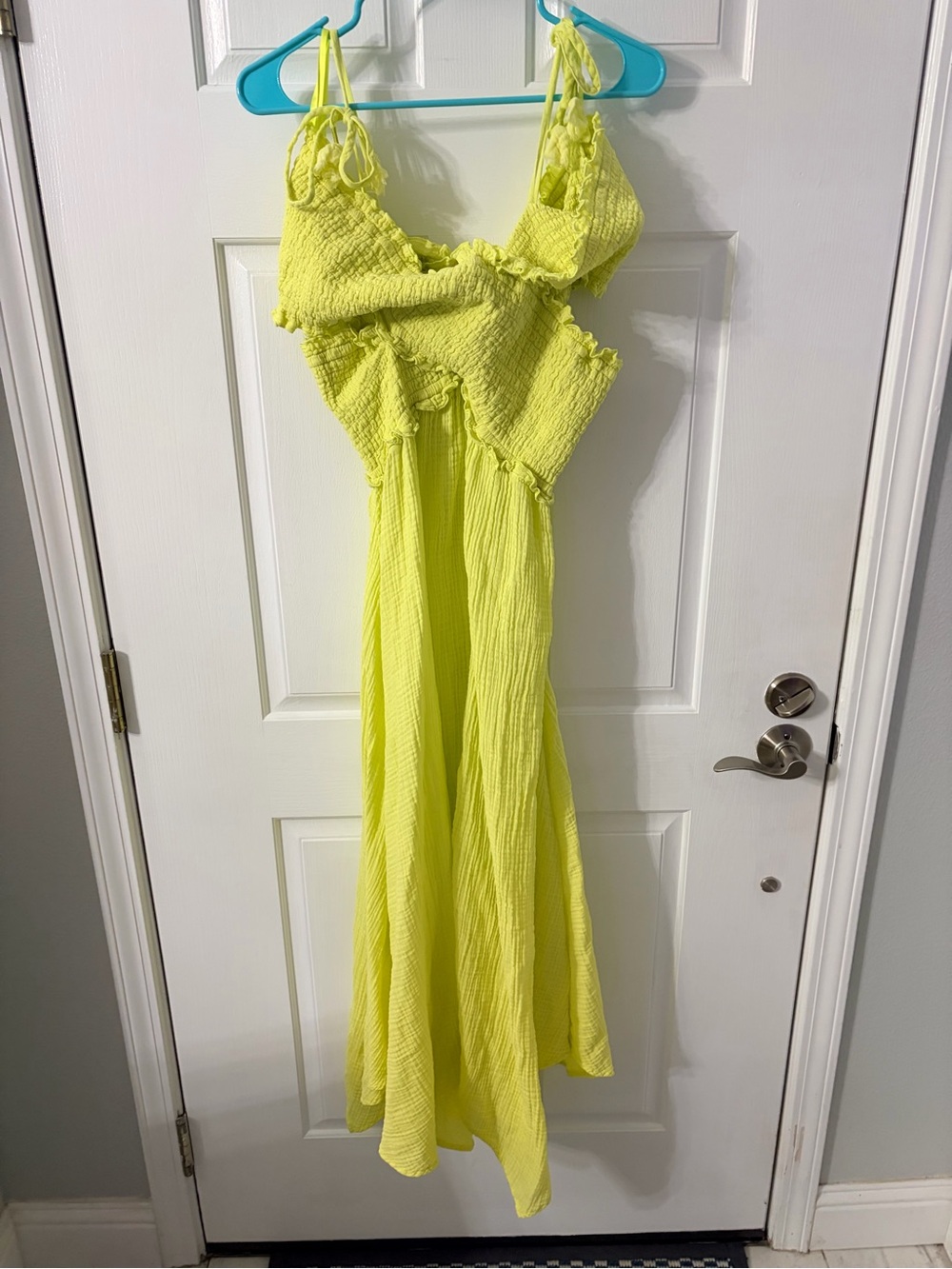 Anthropologie Neon Yellow Smocked Maxi Dress with Tie Straps